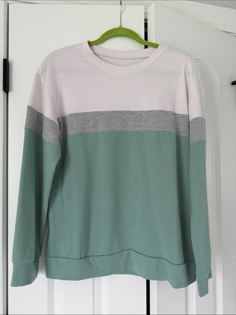Colorblock Long Sleeve Pullover Crew- White/Mint Green/Gray- Women M